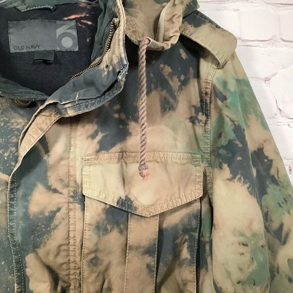Bleach Tie Dye Hooded Parka Womans M Cinch Waist Field Jacket Arty Distressed - Picture 4 of 9